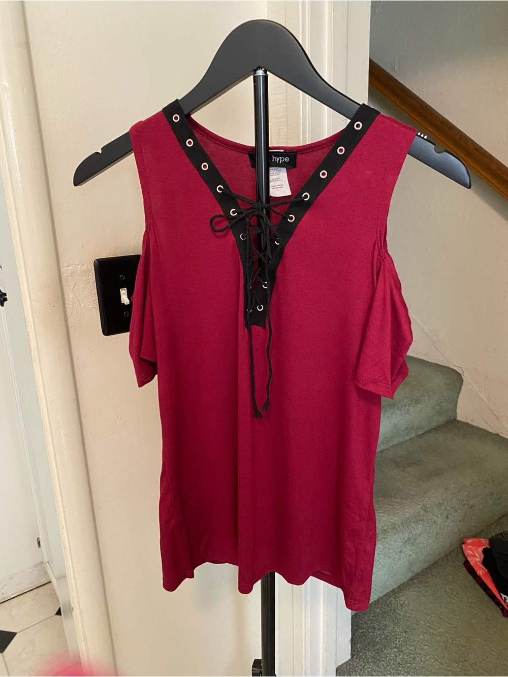 Hype Women’s Burgundy Cold-Shoulder Lace-Up Top with Grommet Trim,NWOT